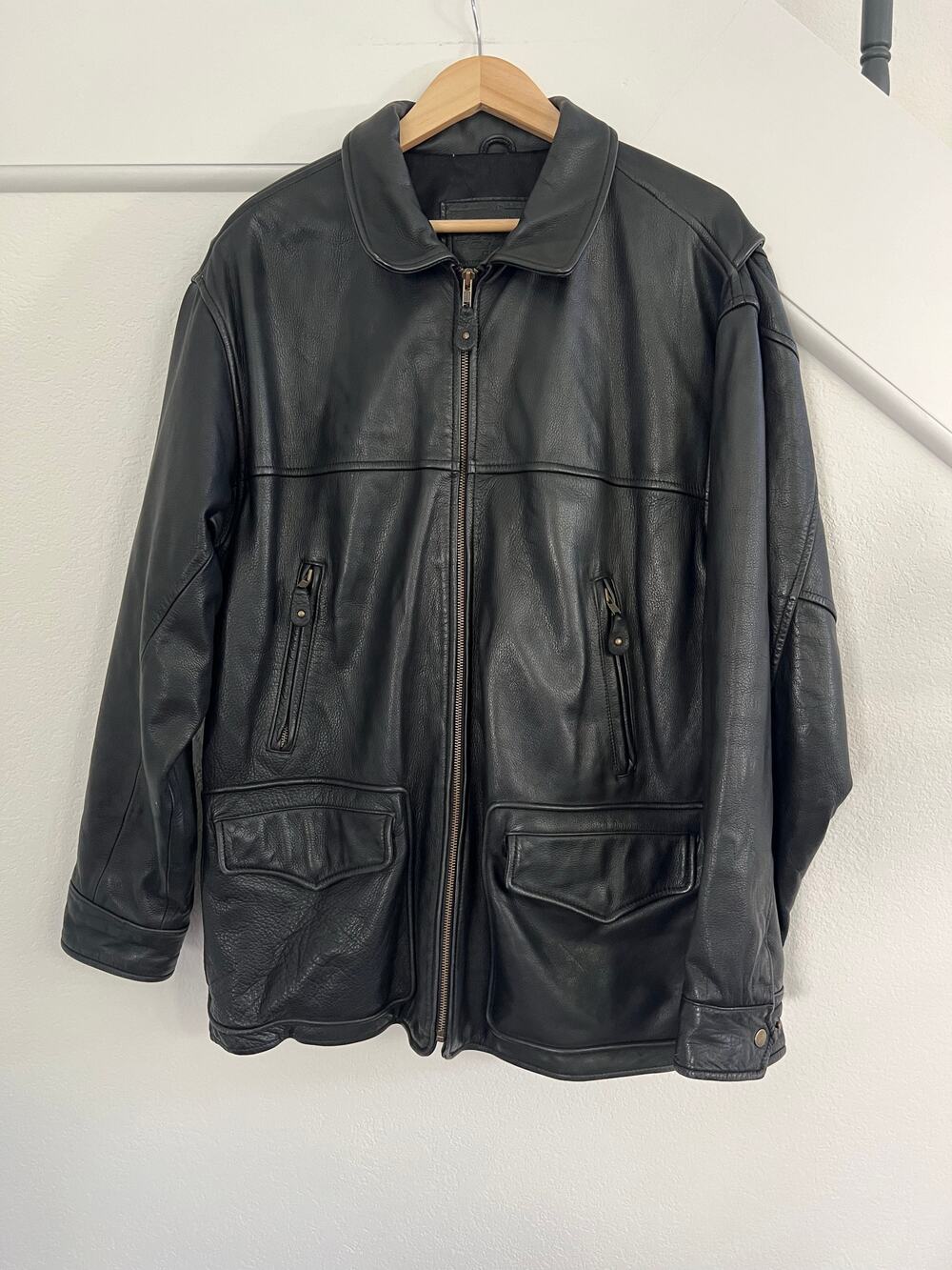 Vintage Gap Black Genuine Leather Wool Full Zip Jacket mens Large Biker Punk